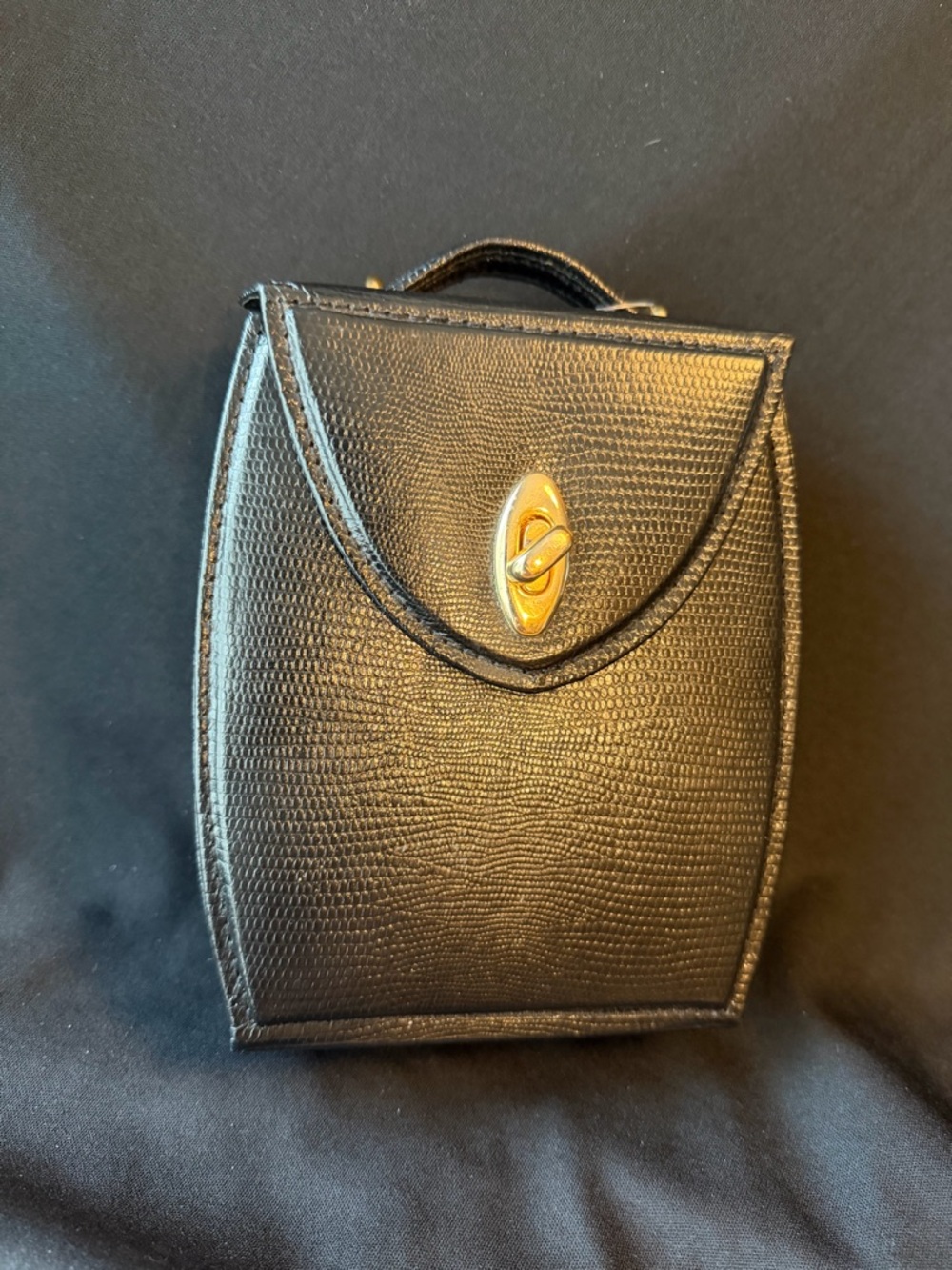 Classic Black Textured Women's travel Jewelry case with Gold Twist clasp